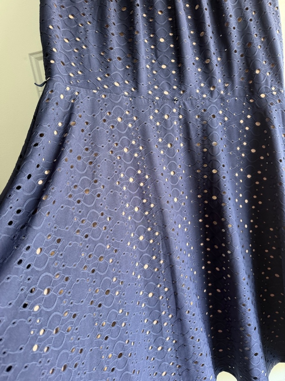 Navy Eyelet A-Line Dress with Nude Underlay - Picture 3 of 8